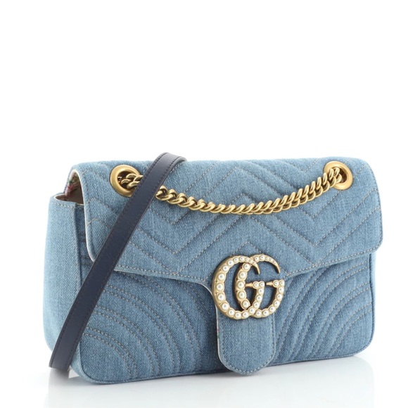 Gucci: Denim Pearl Marmont Quilted Matelasse GG Flap Bag - Picture 3 of 3